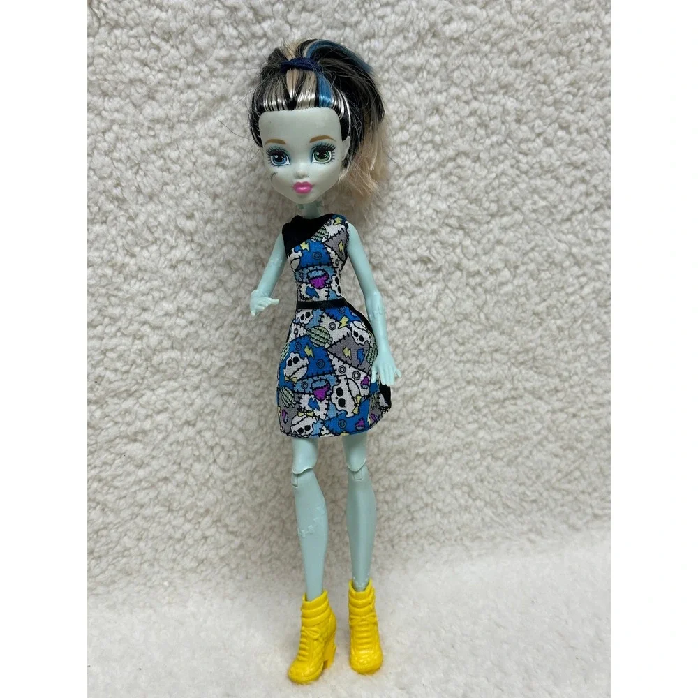 Monster High Frankie Stein Doll Blue Patchwork Dress Yellow Wedge Boots